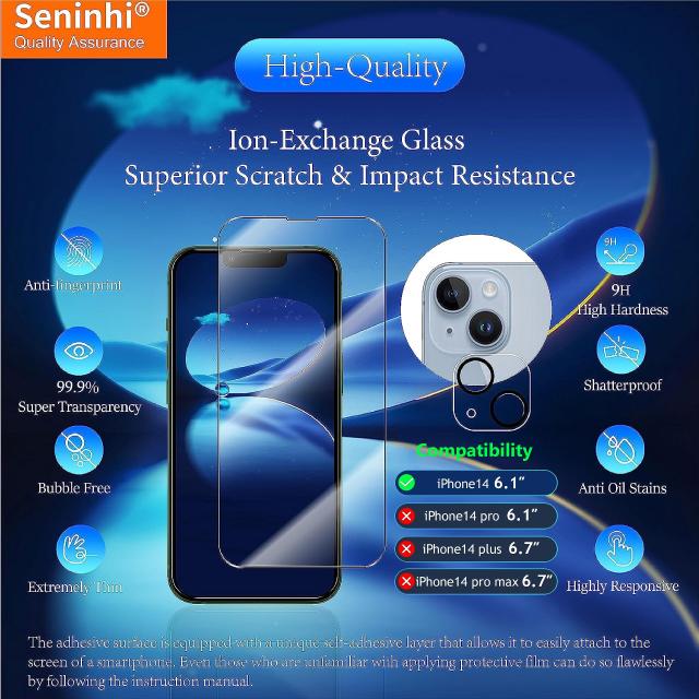 その他家電 seninhi [3+3Pack] for iphone 14 (6.1inch) Screen Protector 3Pack + Camera Lens Protector 3Pack, Tempered Glass Screen Protector