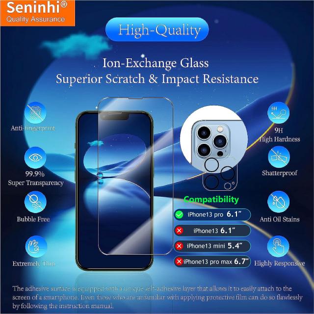 その他家電 seninhi [3+3Pack] for iphone 13 Pro 6.1inch Screen Protector 3Pack + Camera Lens Protector 3Pack, Tempered Glass Screen Protecto