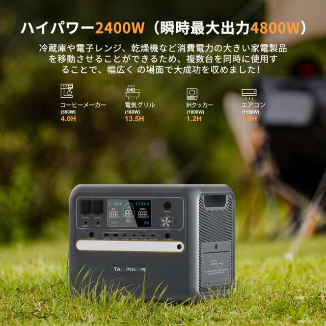 TALLPOWER ポータブル電源 2400W 大容量 2160Wh/675000mAh リン酸鉄リチウム電池採用 1.5時間満充電 AC2400W( 瞬間最大4800W) 16台機器同の通販は - その他花・ガーデン・エクステリア・DIY工具