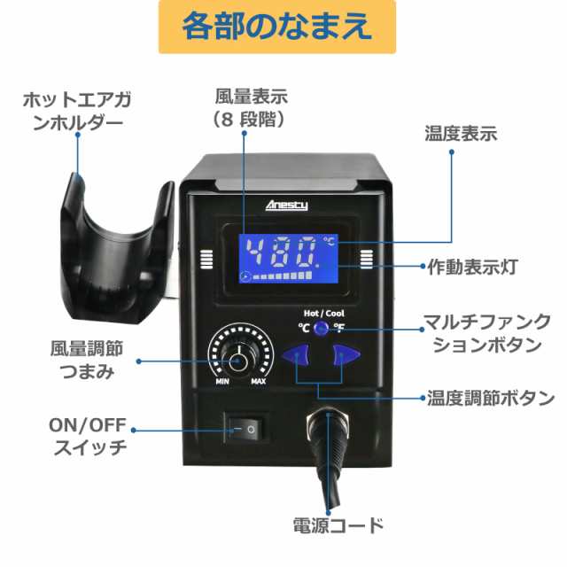 Anesty リワークステーション ホットエアーガンヒートガン LCD画面 8段階風量調節 自動スリープ機能 加熱速い 低騒音 - 100℃〜480℃までの通販は