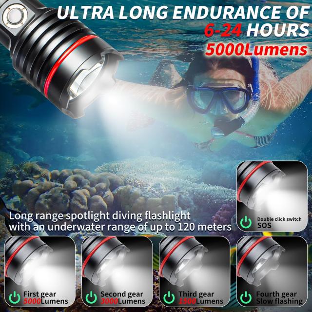 ダイビングライト、LetonPower 5000 Lumens 水中ライト,100mスキューバ