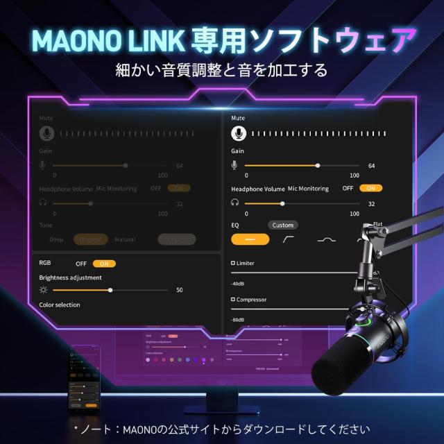 MAONO ゲーミングマイク USB/XLR ダイナミックマイク 専用ソフトウェア付属 PC用ポッドキャストマイク ミュートボタン ボリュームコント_3