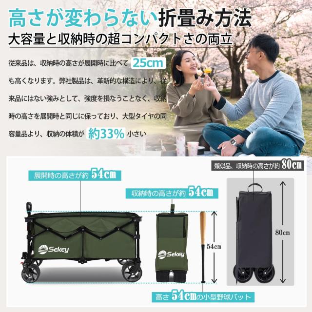 Sekey【幅10cmの極太タイヤ】【ブレーキ付き】 キャリーワゴン 大容量 135L 驚くほどコンパクト 耐荷重120kg 軽量 ワンタッチ収束型 自立の通販は