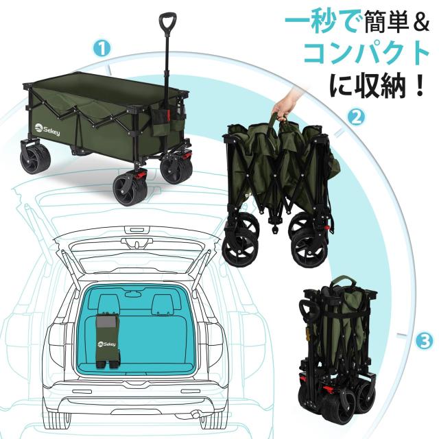 Sekey【幅10cmの極太タイヤ】【ブレーキ付き】 キャリーワゴン 大容量 135L 驚くほどコンパクト 耐荷重120kg 軽量 ワンタッチ収束型 自立の通販は
