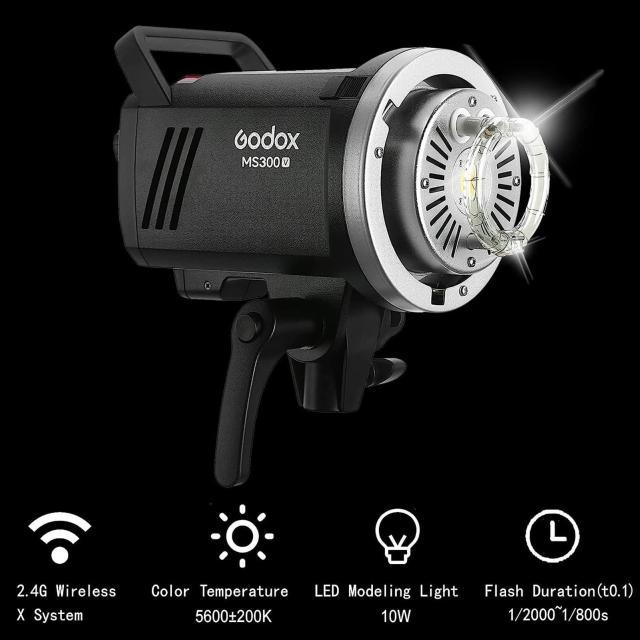 Godox MS300-V スタジオフラッシュ 300Ws ストロボライト GN58 0.1-1.8S リサイクルタイム 5600±200K 2.4G 10W LED モデリングランプ付