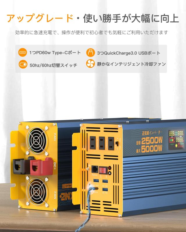 【2023最新型・PD/QC3.0急速充電対応】MWXNE インバーター 正弦波 12v 100v 2500w 最大5000W DC12V（直流)をAC100V(交流)に変換 PD60W QC_1