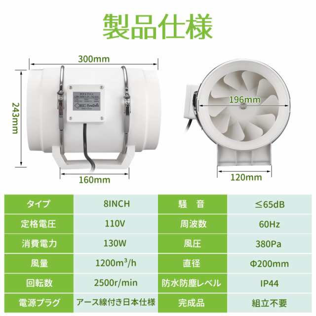 BreeRainz ダクトファン Φ200mm ダクト用換気扇 1200m？/h 大風量 強力 省エネ 排気ファン 中間取付 塗装ブース用 家焼肉 家庭用  業務用 の通販はau PAY マーケット - なんでん屋 au PAY マーケット店 | au PAY マーケット－通販サイト