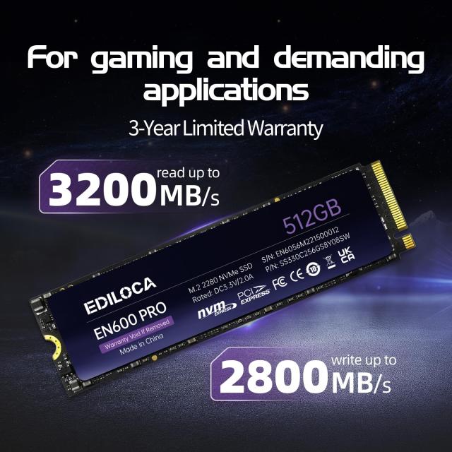 Ediloca EN600 PRO SSD 512GB PCle 3.0x4 NVMe M.2 2280 最大読込: 3200MB/s 最大書込：2800MB/s 内蔵SSD SLC キャッシュ 3D NAND TLC グ_1