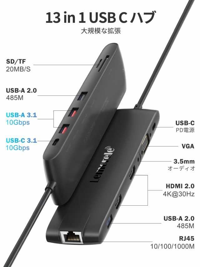 ドッキングステーション MST USB C ハブ 13-IN-1 Lemorele USB3.0 ハブ 2 HDMI 4K@30Hz HDMI出力 VGA 3.5mmサウンドポート Type-Cアダプの通販は