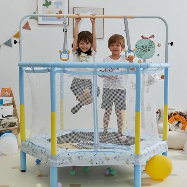 LEJUMP トランポリン 直径140cm（55inch）子供用 一台三役 鉄棒＆吊り輪付き(外す可能) 360°手すり 静音設計 超大スペース 耐荷重65KG 室_6