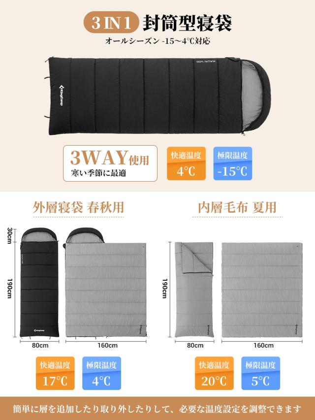 KingCamp 寝袋 シュラフ 冬用 封筒型 取り外し可能 2レイヤー 3.4kg スリーピングバッグ 布団 ブランケット コンパクト 撥水加工 快適温
