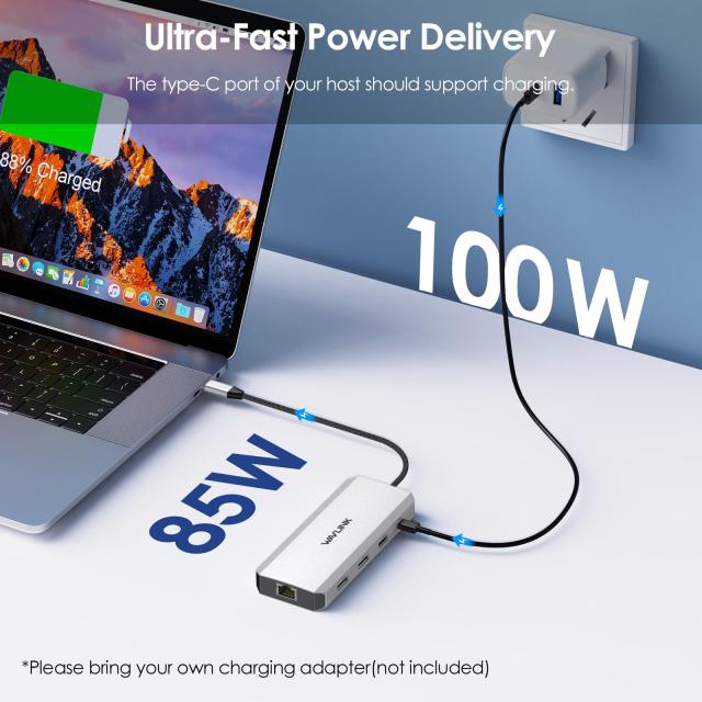 WAVLINK USB C ハブ トリプル モニター、12-in-1 ラップトップ ドック、マルチポート アダプター、4K HDMI、デュアル 4K DP、100W PD IN_4