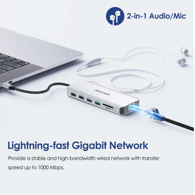 WAVLINK USB C ハブ トリプル モニター、12-in-1 ラップトップ ドック、マルチポート アダプター、4K HDMI、デュアル 4K DP、100W PD IN_6