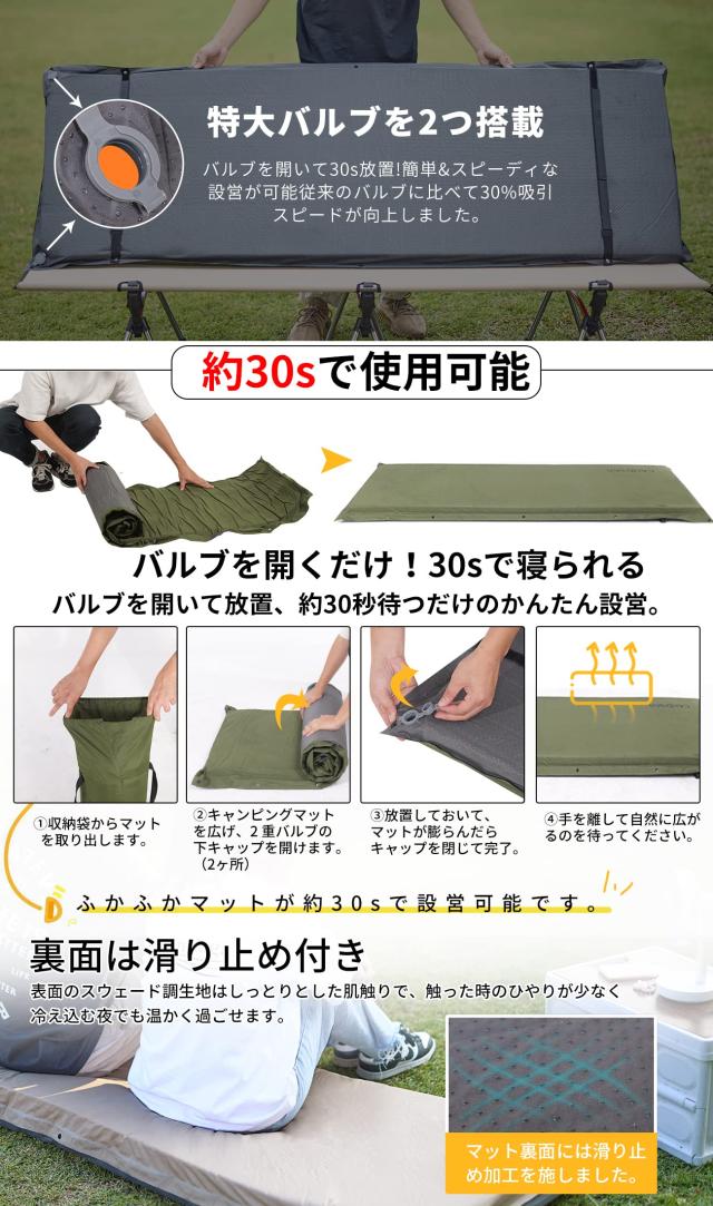 キャンプ エアーマット 厚手 8cm 【30秒自動膨張・より広い】車中泊マット キャンパーインフレーターマット 無限連結可能 キャンプ用品_3