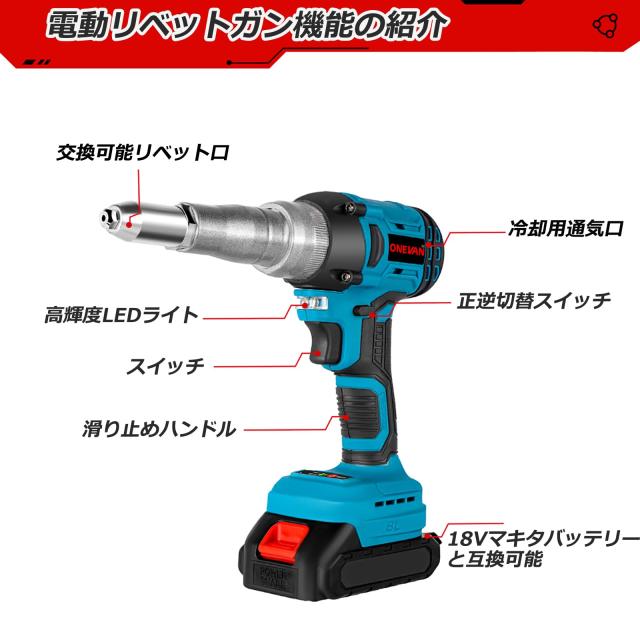 ONEVAN ハンドリベッター 充電式 電動リベットガン 2.4〜5.0mm 18V マキタの18Vバッテリー互換可能 軽量 ハンドナッター リベット 工具 1_3
