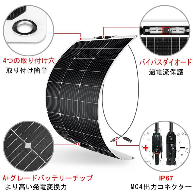 DOKIO フレキシブル 200W ソーラーパネル 100w*2枚 単結晶 ETFE 超軽 