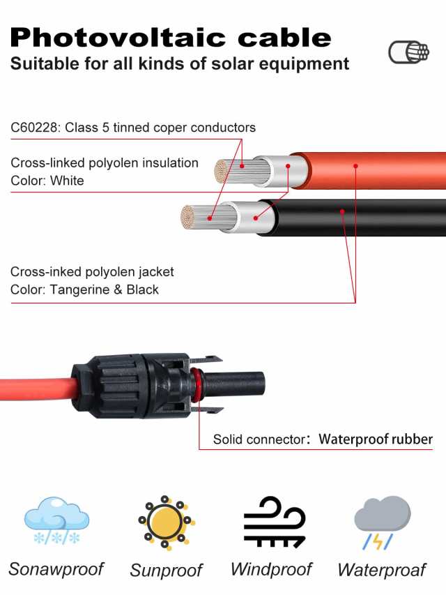 WBGADAM 15 M 6sq ソーラーケーブル MC4 ケーブル 10AWG 太陽光パネル