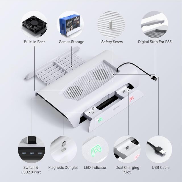 PS5用 スタンド KIWIHOME PS5用 縦置きスタンド 【磁気充電版】ps5 周辺機器 RGB効果 コントローラー 2台 充電スタンド 3 USBポート ps5_5