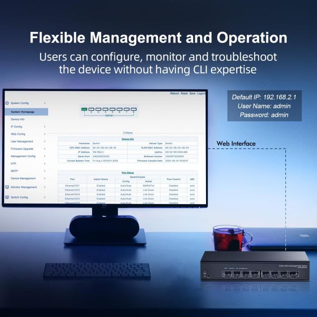 Binardat 8ポート 10ギガビット SFP+ マネージドスイッチ 1G/10G SFP+
