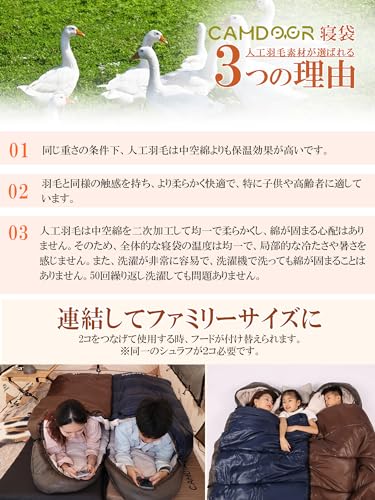寝袋 冬用 CAMDOOR 【人工ダウン＆2個連結可】 シュラフ ダウン シュラフ 冬用 6in1多機能 230T防水 1.8kg 2.2kg 寝袋 コンパクト オール