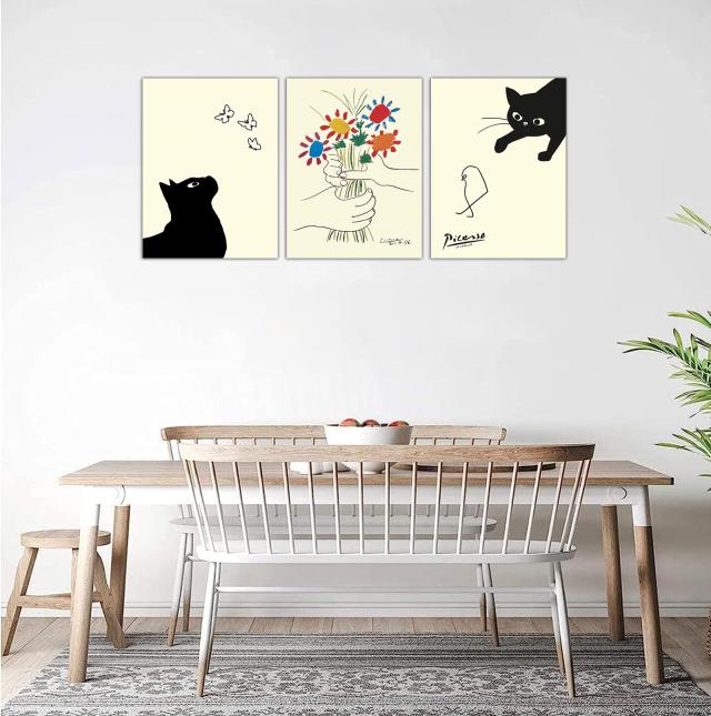 ピカソ猫の絵 猫と友情の花 3枚 パネル アートポスター 装飾絵画