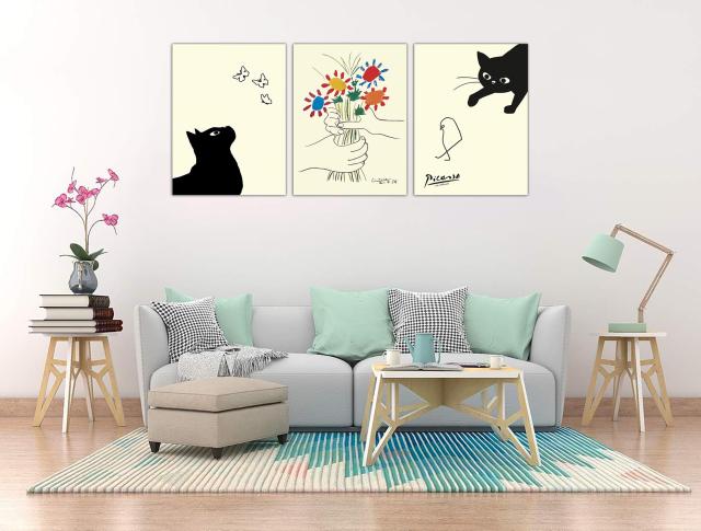 ピカソ猫の絵 猫と友情の花 3枚 パネル アートポスター 装飾絵画