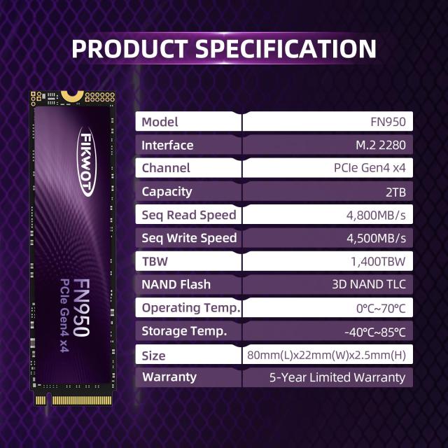 Fikwot FN950 2TB SSD M.2 2280 PCIe Gen4 x4 NVMe 1.4 内蔵SSD グラフェン冷却ステッカー 最大4800MB/s ダイナミック SLC キャッシュ ラ_2