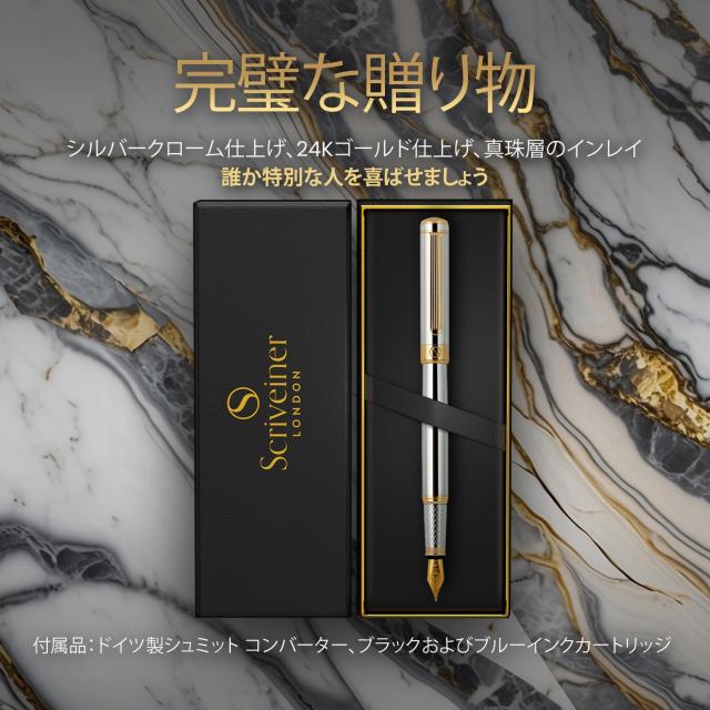 Scriveiner 最高級 プレミアム 万年筆 (シルバー) 魅力的な美しさ 24K