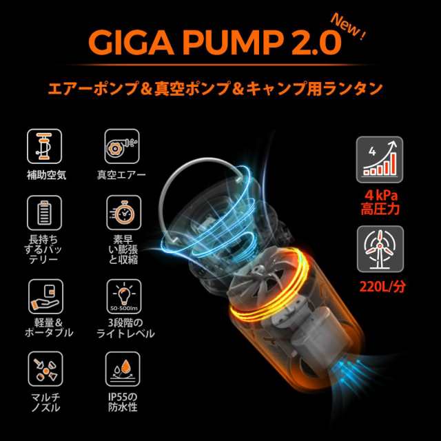 NEWGIGA Pump 2.0 携帯式エアーポンプ 最軽量ポンプ 空気入れ 電動エアポンプ4.2kPa 1300mah 照明ライト付き 充電式空気入れ・空気抜き の通販は