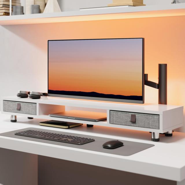 Fenge モニター台 卓上 モニタースタンド 机上台 パソコン台 机上ラック 108cm横幅 2段 木製天板 引き出し付き 高さ調整可能 モニタース