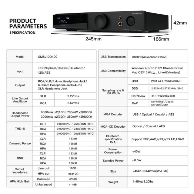 SMSL DO400 フルバランスDAC ヘッドフォンアンプ ES9039MSPRO XMOS-XU316 USB DAC Bluetooth 5.1 DAC USB/AES/Optical/Coaxial MQA DAC I_7