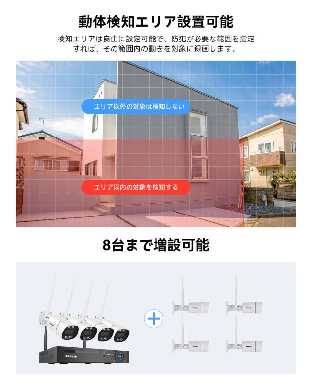 【顔検出・声光威嚇・双方向音声】AEAZZY 5MP 防犯カメラ 4台セット ワイヤレス 屋外 無線 500万画素 常時録画機能 録音機能 双方向通話