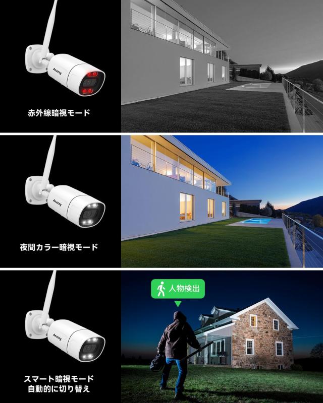 【顔検出・声光威嚇・双方向音声】AEAZZY 5MP 防犯カメラ 4台セット ワイヤレス 屋外 無線 500万画素 常時録画機能 録音機能 双方向通話