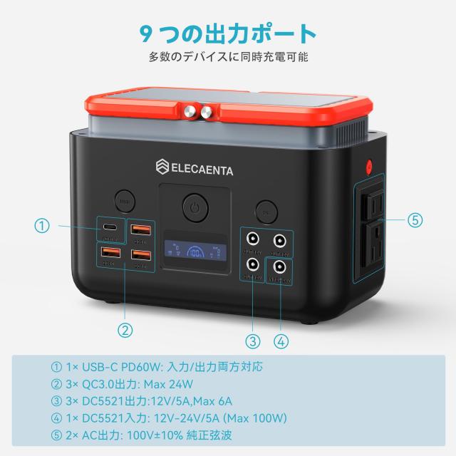 【10月新改良】ELECAENTA ポータブル電源 小型 200Wh 6倍寿命 リン酸鉄 AC200W(ピーク400Ｗ) 純正弦波 超軽量2KG PD60W入出力対応 ソーラ_5