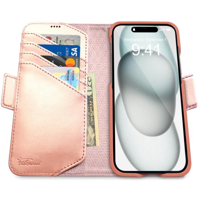 Dreem フィボナッチ（Fibonacci）2イン1 財布型ケース Apple iPhone 15 Plus用 - 高級ヴィーガンレザー製 マグネット着脱式 耐衝撃 携帯 Dreem フィボナッチ（Fibonacci）2イン1 財布型ケース Apple iPhone 15