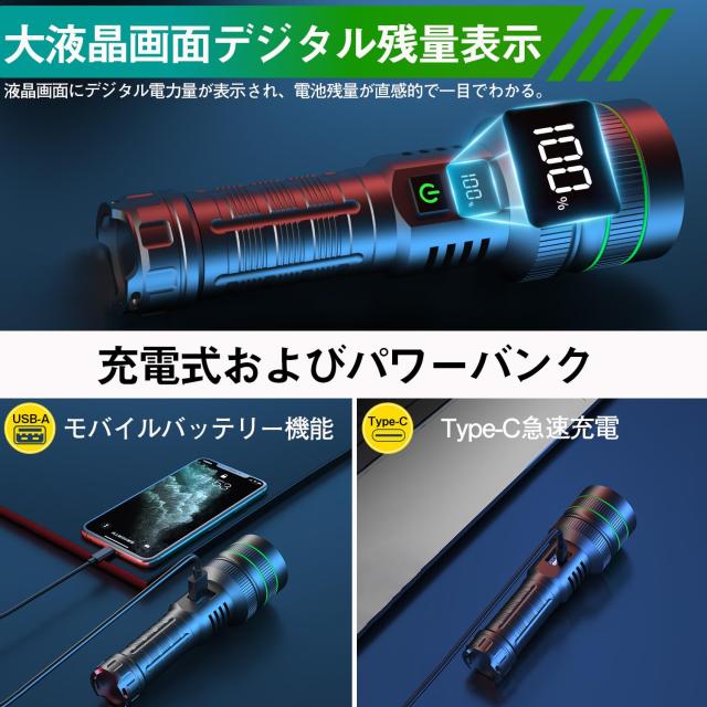 懐中電灯 led【2024最新登場 記憶機能 大液晶画面デジタル残量表示 