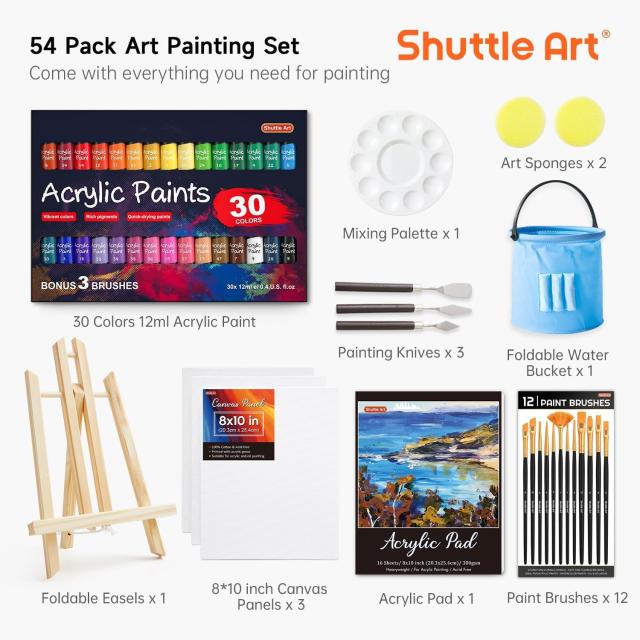 Shuttle Art アクリル絵の具 54点セット 30色絵の具セット 木製
