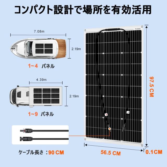 DOKIO ソーラーパネル 200W フレキシブル100w*2枚 MC4 コネクター ポータブル電源適用 単結晶 高効率 鳩目付き 曲げ可能 超薄型 超軽量 R