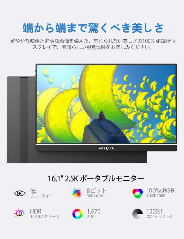 ARZOPA モバイルモニター 16.1インチ 100％ sRGB広色域 ポータブルモニター 自立型ゲームモニター 非光沢IPS液晶パネル 薄型 軽量 1920x1の通販は