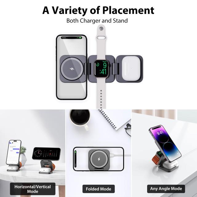 KU XIU X55 3in1ワイヤレス 充電器，折り畳み式磁気充電器，15W 急速充電Mag-Safe対応 iPhone 15/14/13/12 Seris・Airpods 2/3 Pro・Appl KU XIU X55 3in1ワイヤレス 充電器，折り畳み式磁気充電器，15W 急速