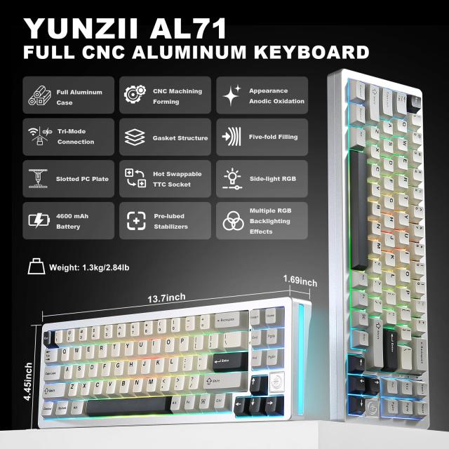 メカニカルキーボード 68% コンパクトCNC加工 ガスケット構造 YUNZII AL71 メカニカルキーボード 68% コンパクト フルアルミCNC加工