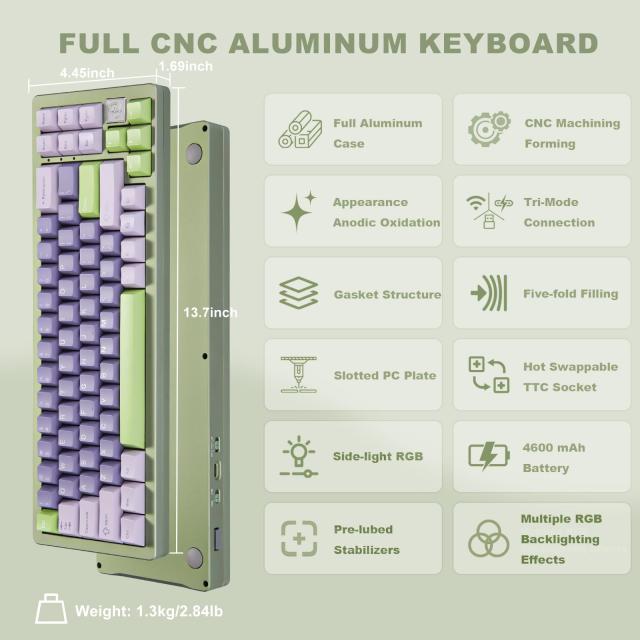 YUNZII AL71 68% ゲーミングキーボード フルアルミCNC ホットスワップ対応 無線 ガスケット メカニカルキーボード NKRO 2.4GHzワイヤレス_1