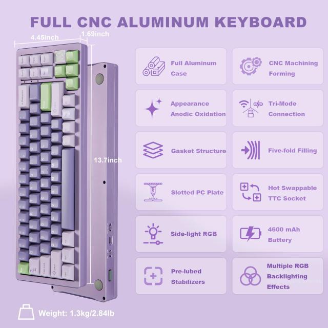 YUNZII AL71 68% ゲーミングキーボード フルアルミCNC ホットスワップ対応 無線 ガスケット メカニカルキーボード NKRO 2.4GHzワイヤレス