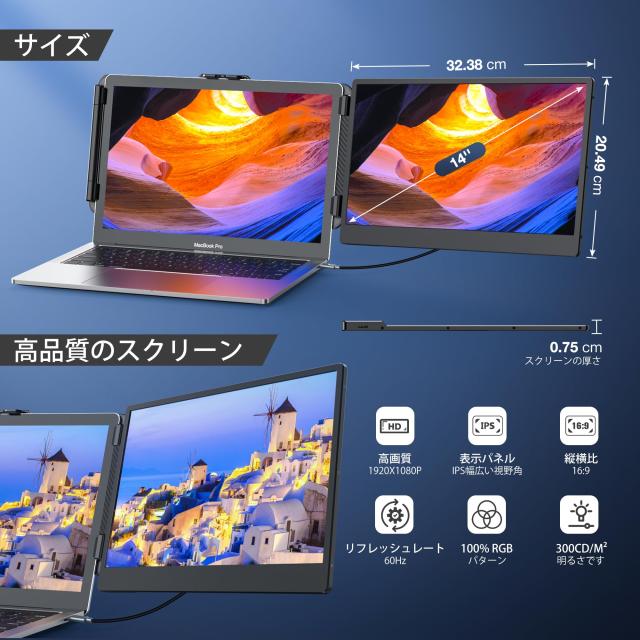 Kwumsy ポータブルディスプレイS1 Portable Monitor 14’’ 1080P FHD IPSデュアルノートpcディスプレイエクステンダーTYPE-C/HDMI プラグ_2