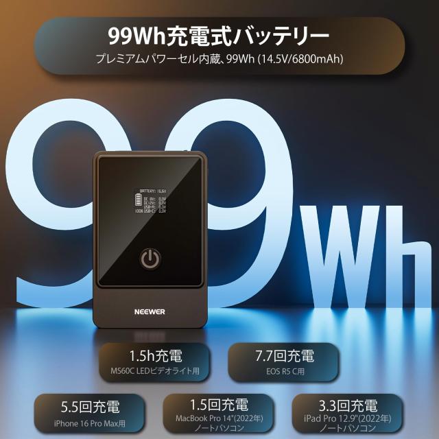 NEEWER ミニ Vマウントバッテリー 6800mAh 99Wh 14.5V ミニVロック電池 65W PDタイプC/Dタップ/BP/USB A/デュアルDCポート/OLEDディスプ