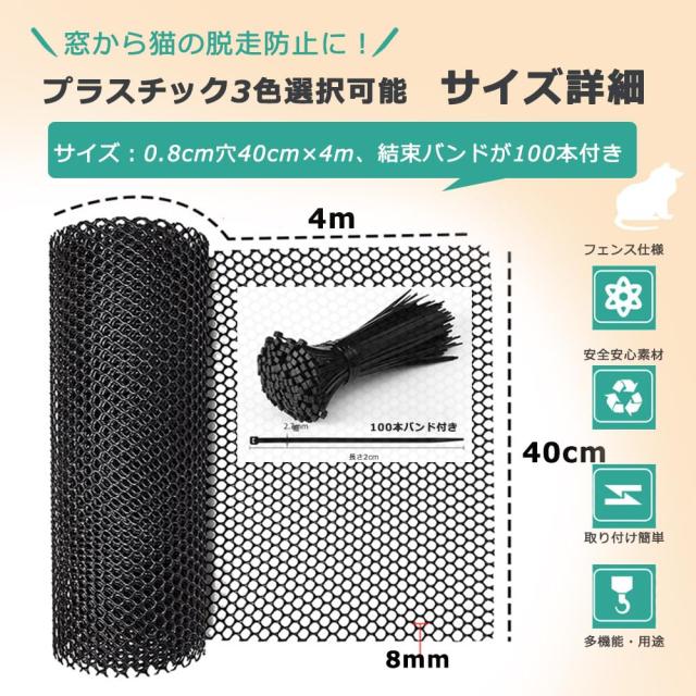 サイズ：穴8mm×幅40cm×長さ4m】猫脱走防止ネット プラスチック