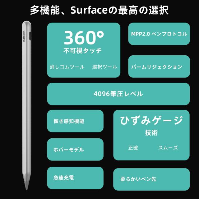 Metapen Surface用タッチペン 360°不可視ボタン 消しゴム 選択ツール 4096筆圧 傾き感知対応 Surface ペン Surface Pro 9/X/8/7/6/5/4/3_1