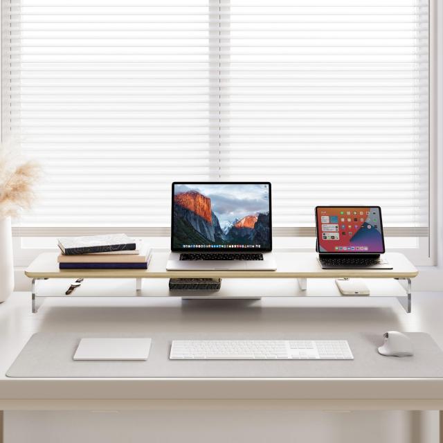 Fenge モニター台 モニタースタンド 卓上 机上台 パソコン台 PC台 机上ラック 108cm横幅 2段 木製天板 アクリル製脚 デスクトップ用 机上_4
