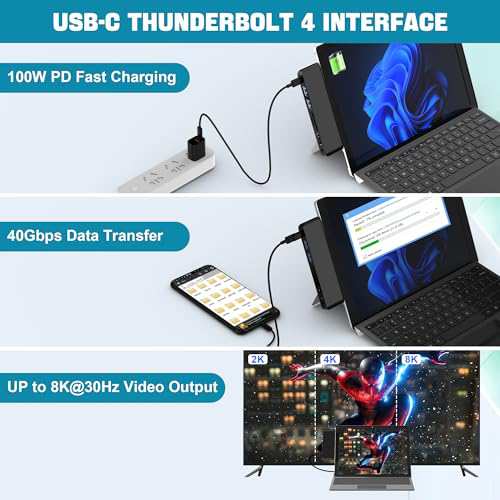 Surface Pro 9 USB ハブ 4K HDMI、USB-C Thunderbolt 4 (8K@30Hz  ビデオ+40Gデータ+100W充電)、2xUSB3.0、SD TFカードスロット