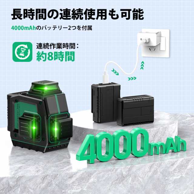 Elikliv レーザー墨出し器 3x360° グリーンレーザー 水準器ツール 回転レーザー線 12ライン 緑色 小型 コンパクト 自動補正 高輝度  高出｜au PAY マーケット